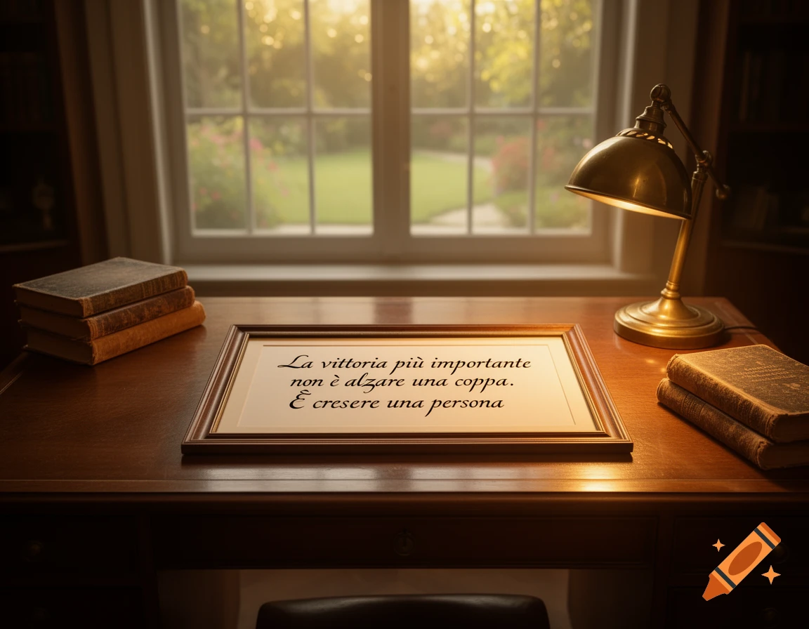 Photorealistic image of a vintage wooden desk with a brass lamp, stacked books, and a framed Italian quote by a sunlit window.