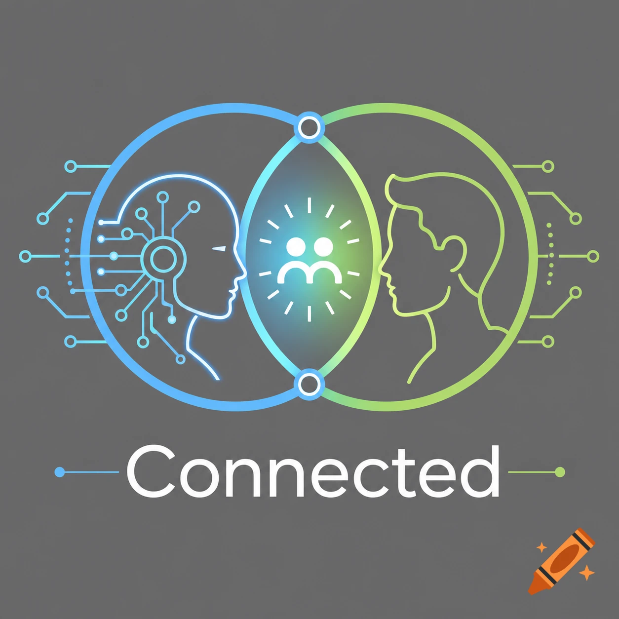 An illustration of a blue-gradient robotic head profile facing a green-gradient human head profile, interconnected by glowing circuits and circles, with the word 'Connected' below.