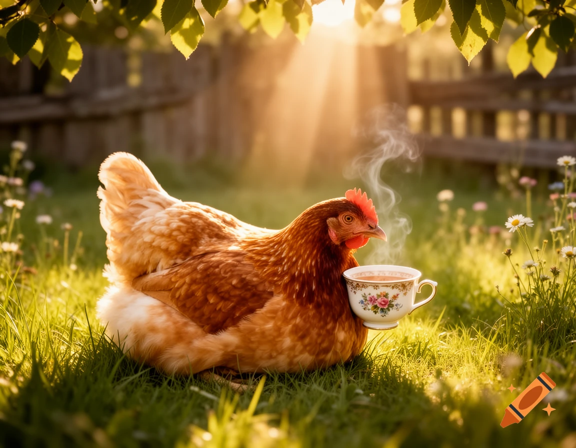 A brown chicken sits in a sunlit grassy field, holding a steaming teacup with a floral pattern.