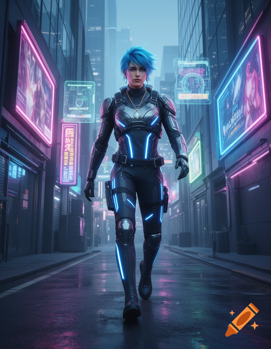 Woman with blue hair in a futuristic black and blue suit walks down a neon-lit cyberpunk city street.