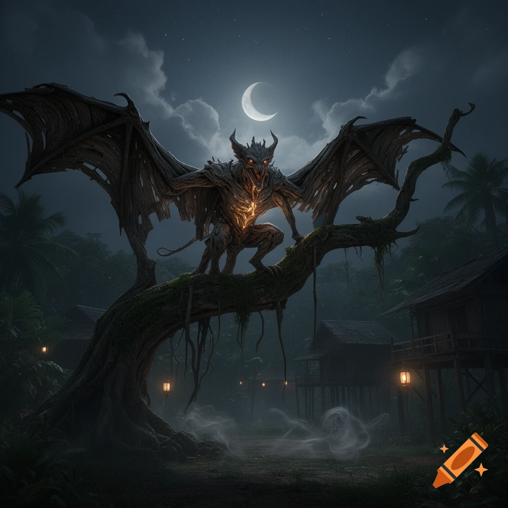 A creepy, wooden, bat-like creature with glowing eyes and chest on a tree branch, overlooking a foggy Southeast Asian village at night under a crescent moon.