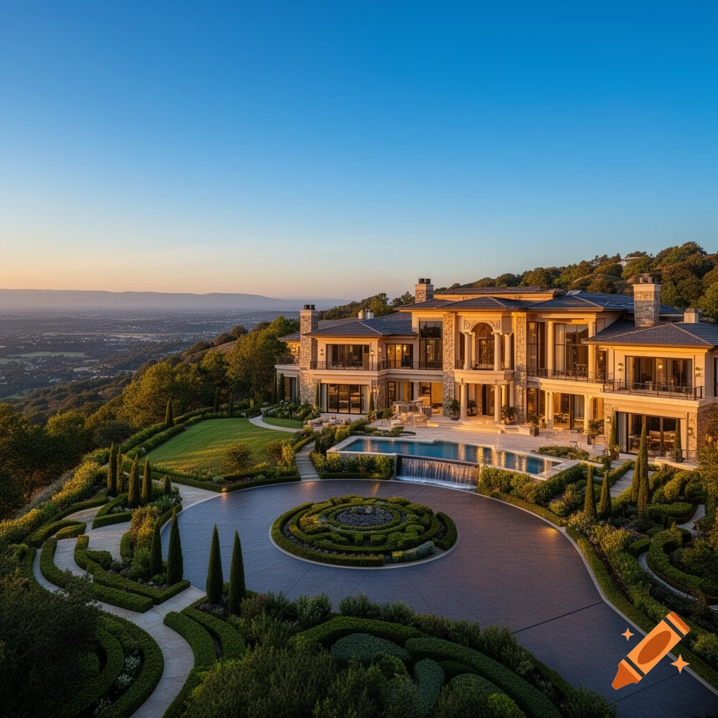 A grand mansion on a hillside overlooking a valley, surrounded by lush gardens, a pool, and a circular driveway, bathed in golden hour sunlight.