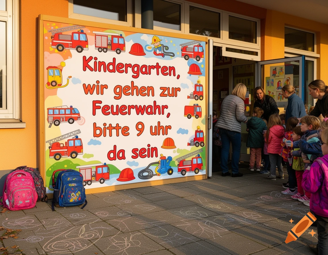 Children and adults gather outside a kindergarten building next to a large sign about a trip to the fire station.