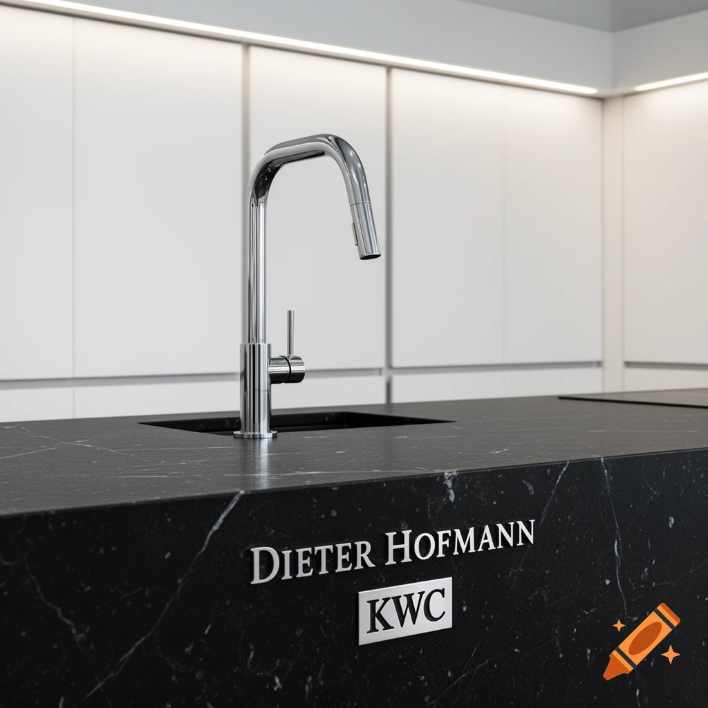 Modern kitchen island with a sleek chrome faucet and black marble countertop, featuring 'DIETER HOFMANN KWC' branding.