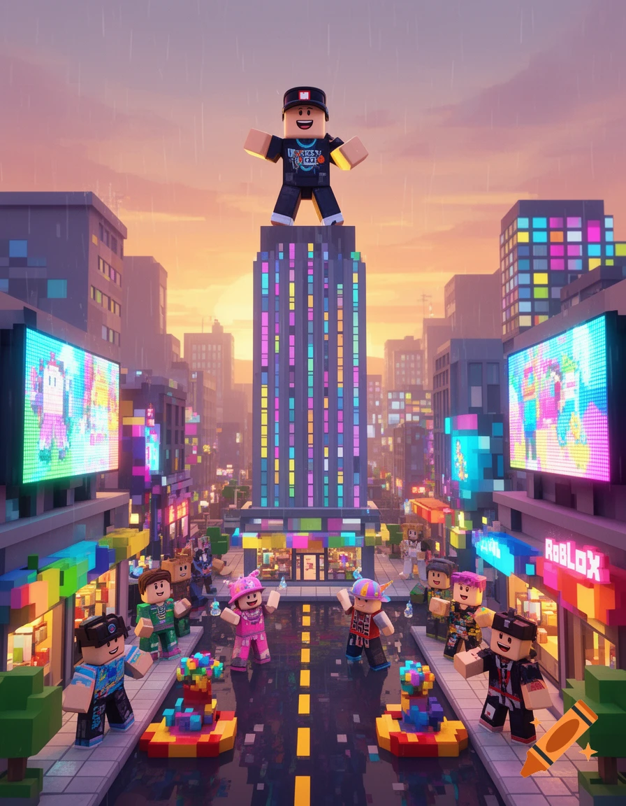 A large Roblox character stands atop a skyscraper in a vibrant, pixelated city with other characters on the street.
