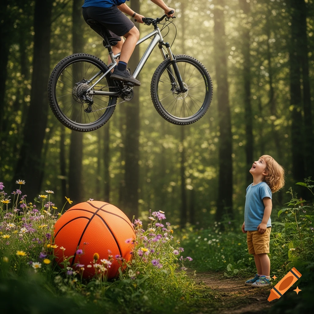 A child looks up at a person on a mountain bike floating mid-air over a basketball in a sunlit forest clearing.