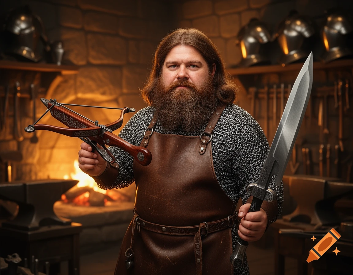 A heavily bearded man in chainmail and a leather apron holds a crossbow and a large sword in a blacksmith's forge.