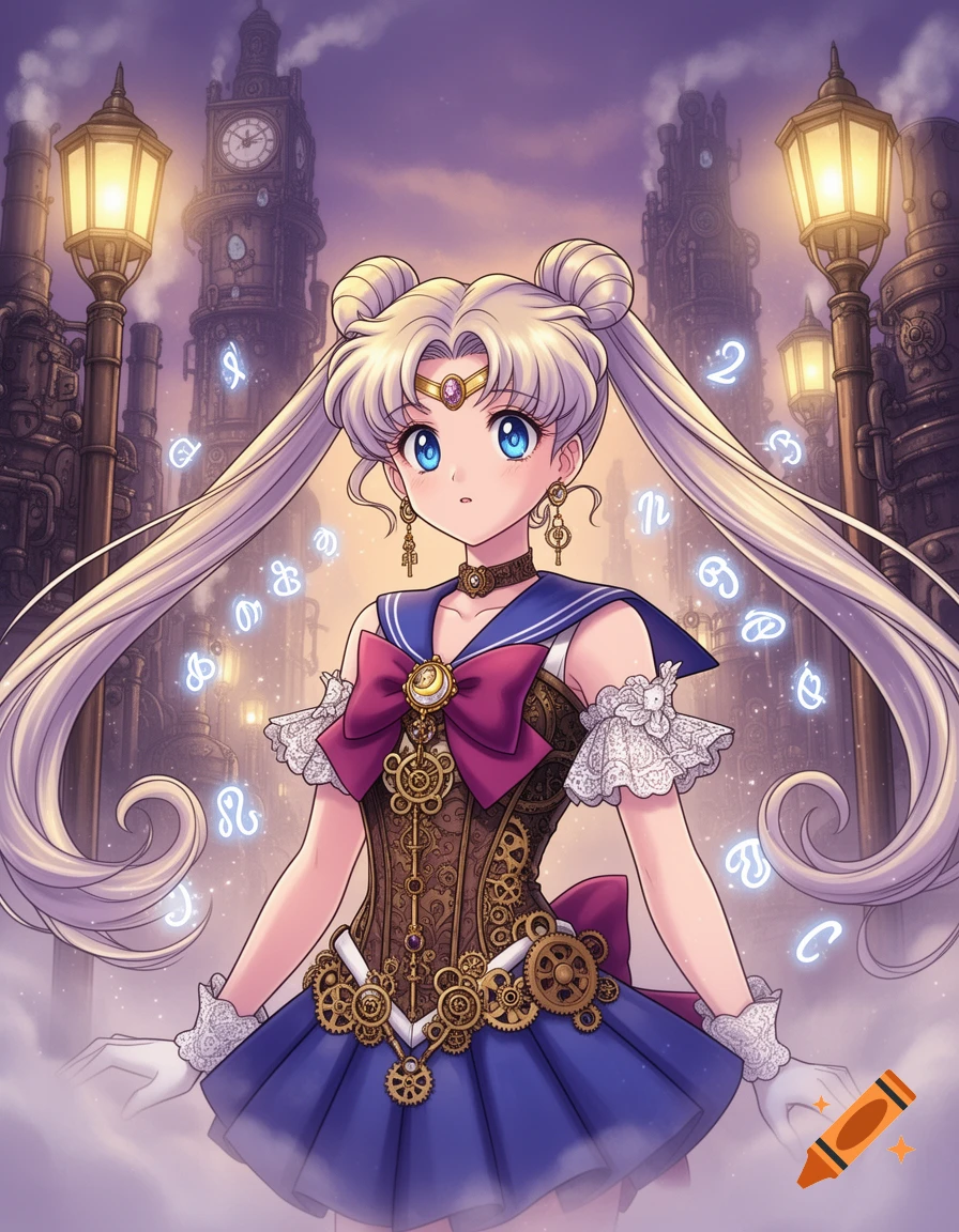 Anime Sailor Moon in a steampunk dress with gears and a bow, standing in a magical steampunk city under glowing symbols.