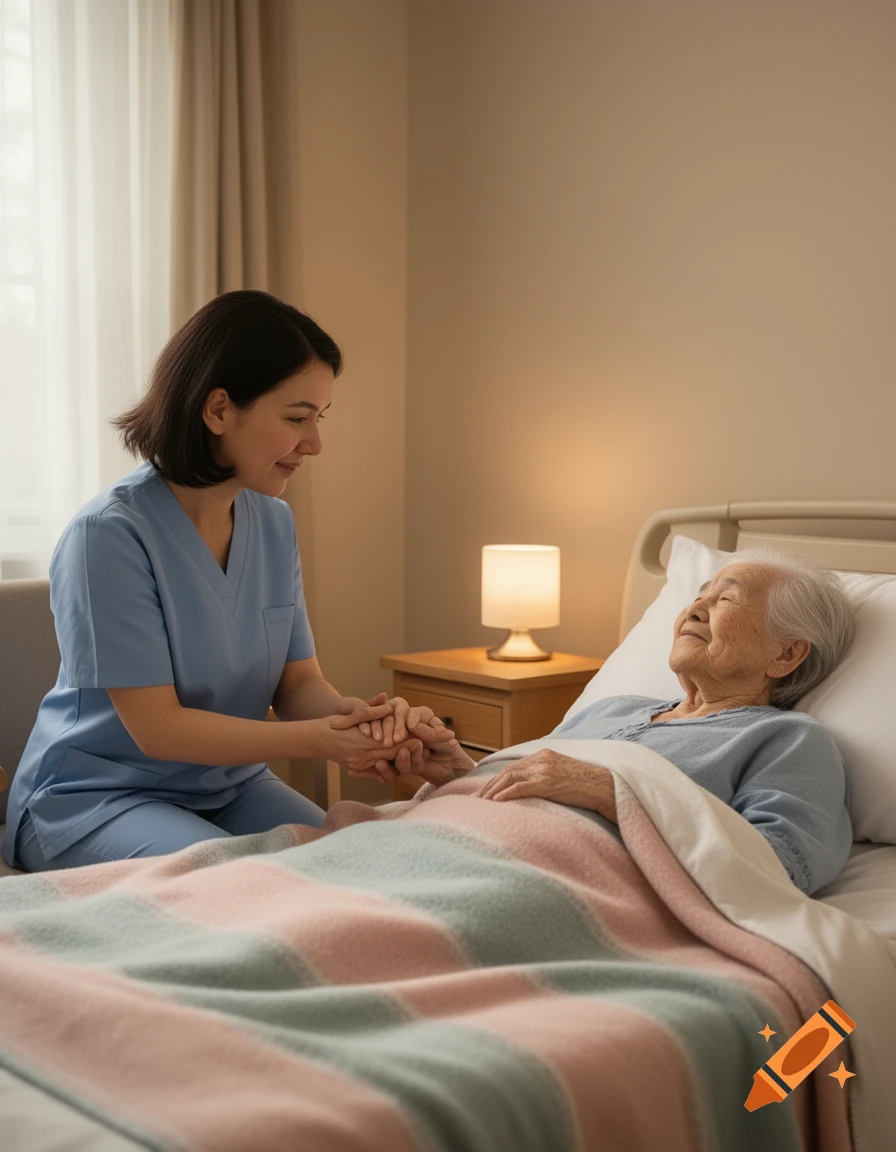 A nurse in blue scrubs sits by an elderly patient's bed, gently holding her hand. The patient lies under a striped blanket, smiling with closed eyes.