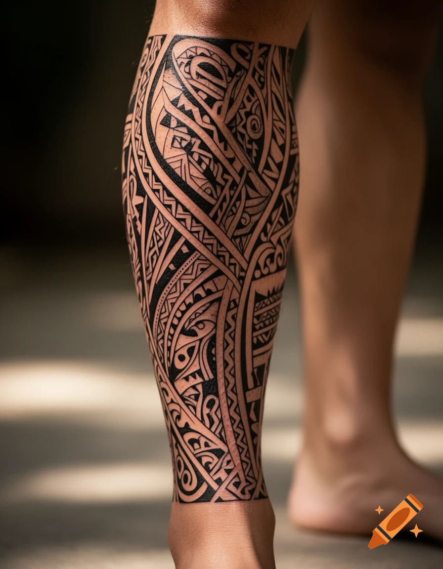 A close-up shot of a person's lower leg covered in a detailed black Polynesian tribal tattoo.
