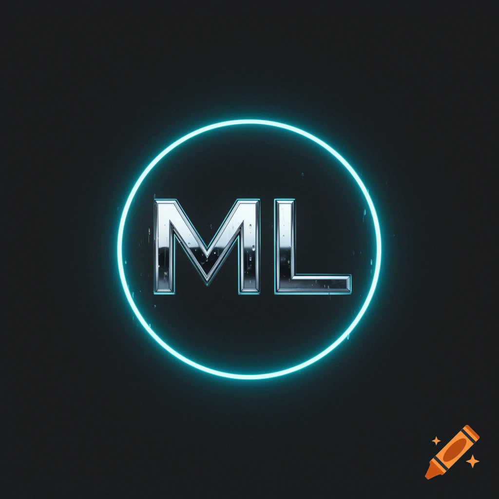 A metallic silver 'ML' monogram within a glowing cyan neon circle against a dark background.