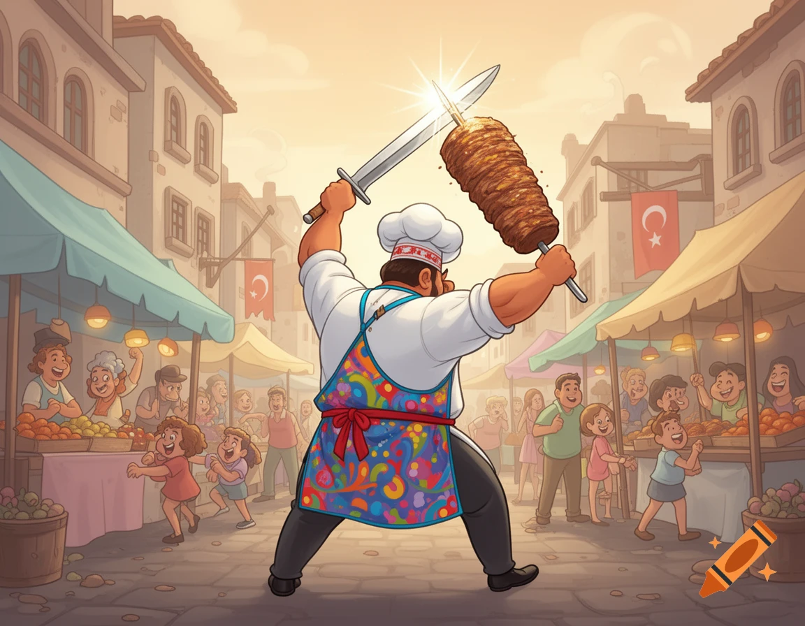 Cartoon chef dramatically holds a giant döner skewer and a sword in a bustling market street with happy crowds.