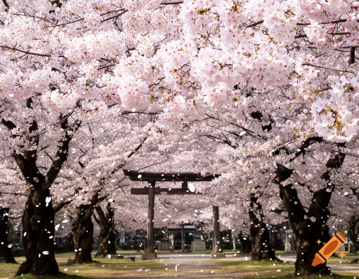 A photorealistic image of a path lined with blooming pink cherry blossom trees, with petals falling, leading to a wooden torii gate.