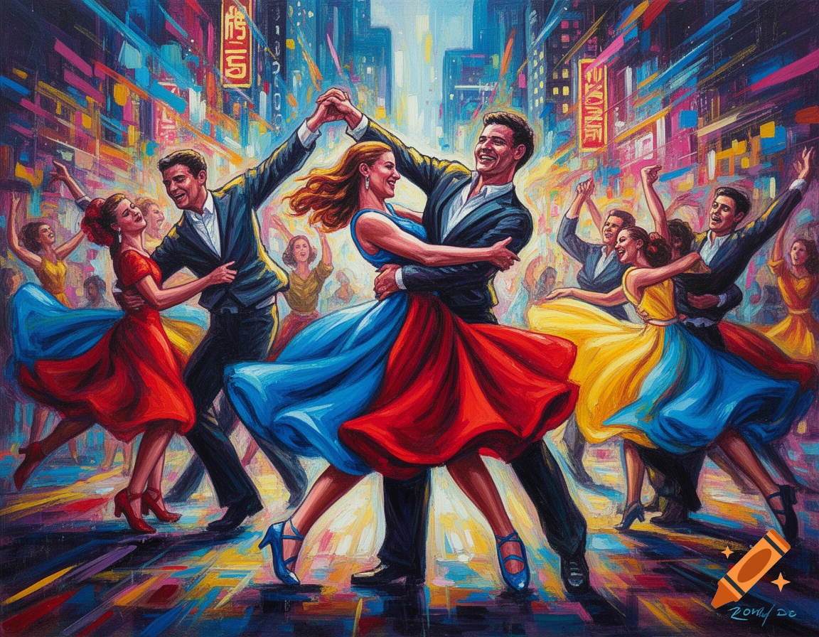 Vibrant modern painting of couples dancing rock and roll on a city street at night, with neon signs and expressive brushstrokes.