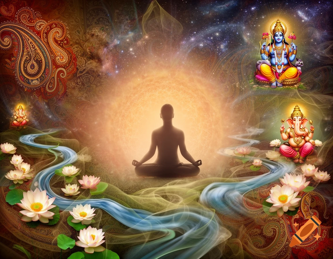 A silhouette meditates in a glowing light, surrounded by a river with lotus flowers, and depictions of Hindu deities Vishnu and Ganesha, all against a cosmic, patterned backdrop.
