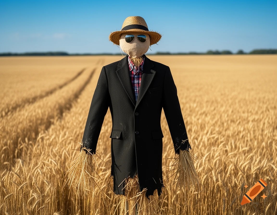 A photorealistic scarecrow wearing a black coat, plaid shirt, straw hat, and sunglasses stands in a golden wheat field under a clear blue sky.