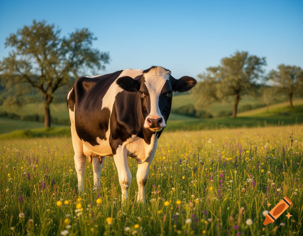 A black and white cow stands in a sunlit green meadow filled with wildflowers under a clear blue sky.