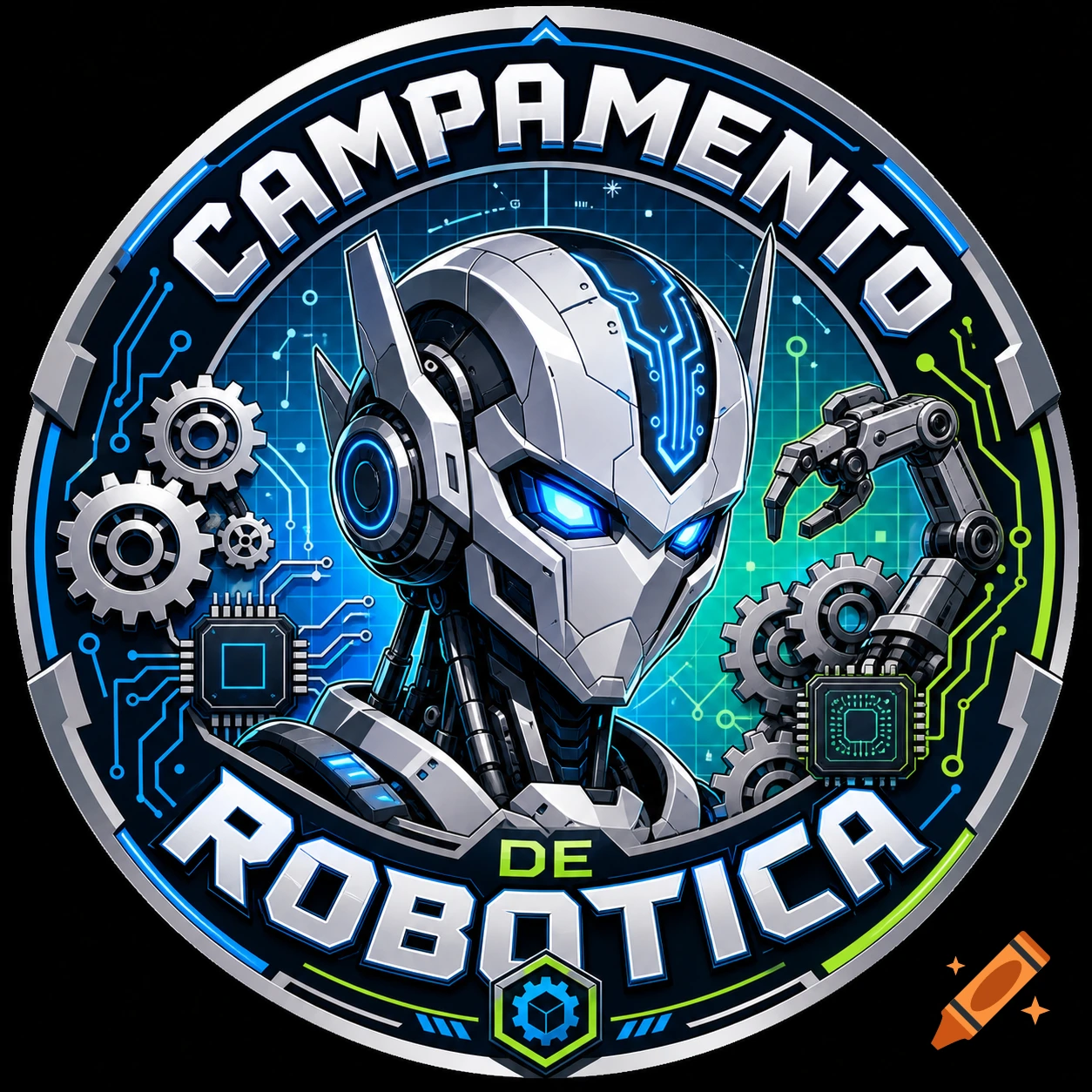 A circular logo featuring a futuristic robot head with glowing blue eyes, surrounded by gears and circuit patterns. Text reads 'CAMPAMENTO DE ROBOTICA'.