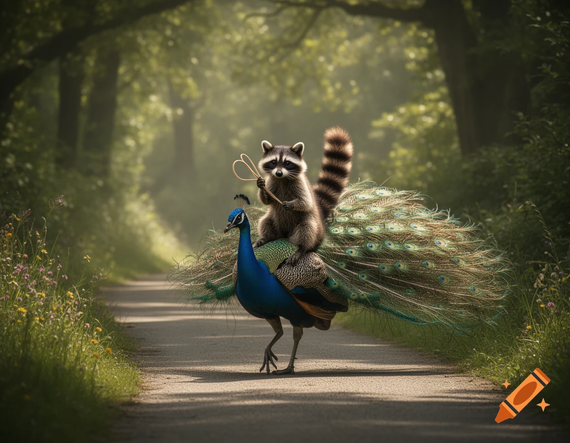A raccoon rides on the back of a peacock down a shaded, tree-lined road in a whimsical, photorealistic scene.