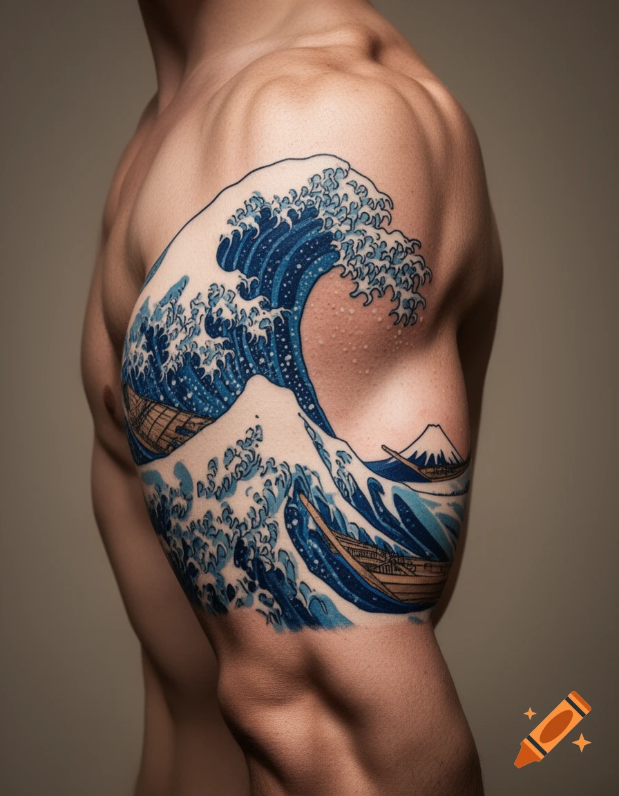 A close-up of a muscular arm with a tattoo of The Great Wave off Kanagawa, featuring a large blue wave, small boats, and Mount Fuji.