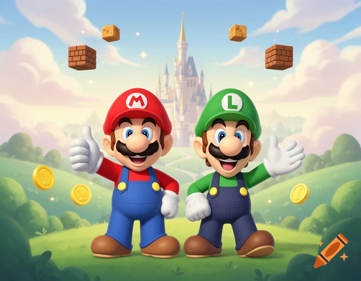 Mario and Luigi smile and give thumbs up in a bright, cartoon landscape with floating blocks, coins, and a castle.