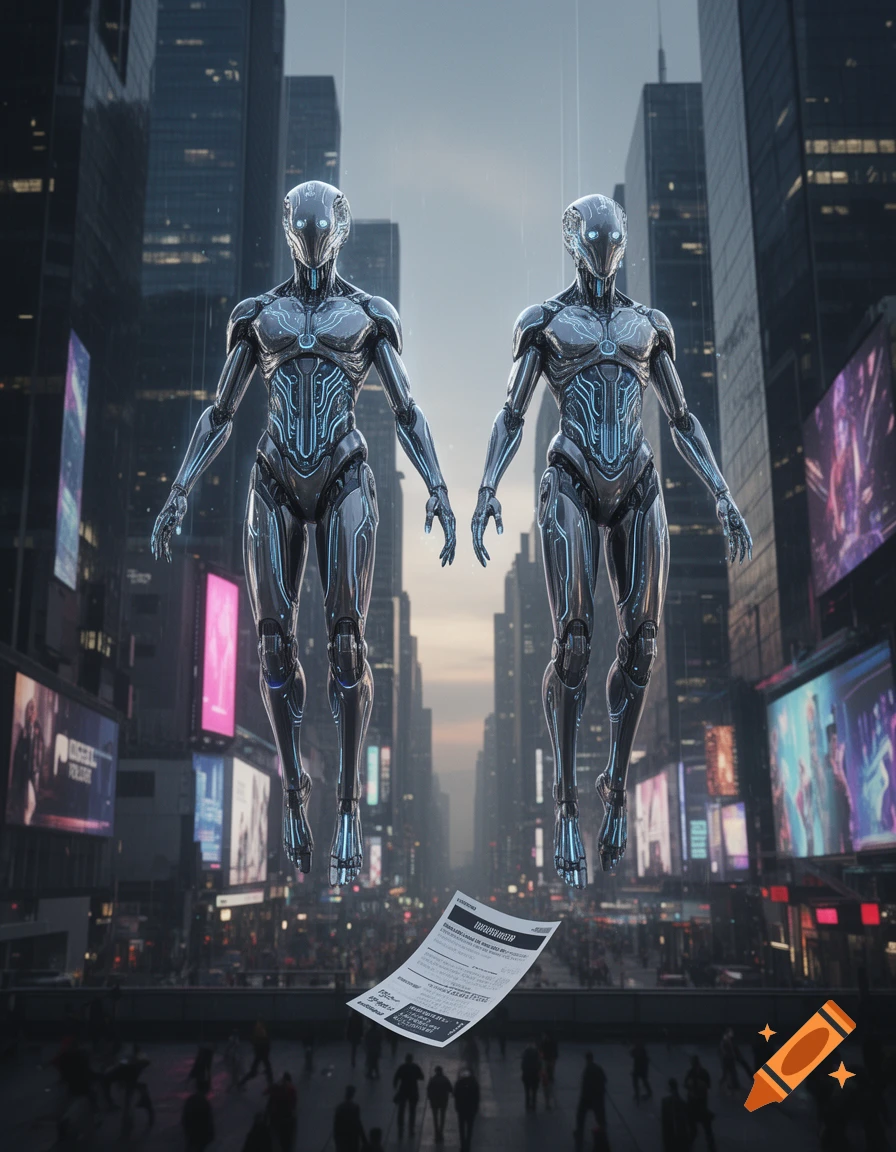 Two metallic humanoid robots with glowing blue accents float above a bustling futuristic city street, with a flyer drifting below them.