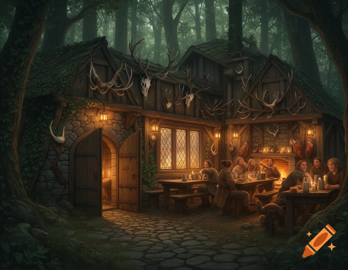 A cozy medieval fantasy tavern nestled in a dark forest, warmly lit from within, with people socializing.