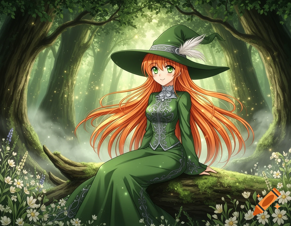 An anime witch with long ginger hair and green eyes, wearing a green dress and hat, sits on a log in a sparkling, misty forest filled with white flowers.