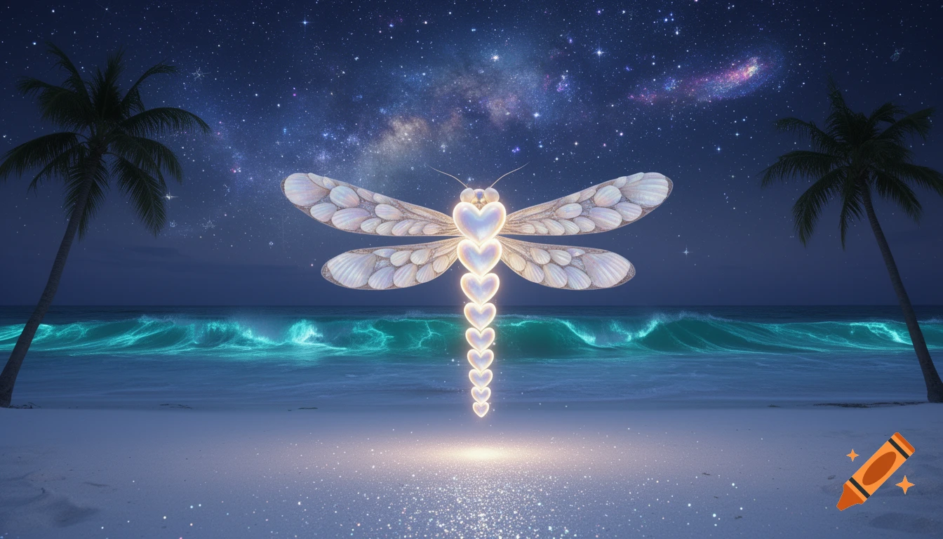 Whimsical glowing dragonfly made of hearts and seashells on a white sand beach at night, with bioluminescent waves, palm trees, and a starry galaxy sky.