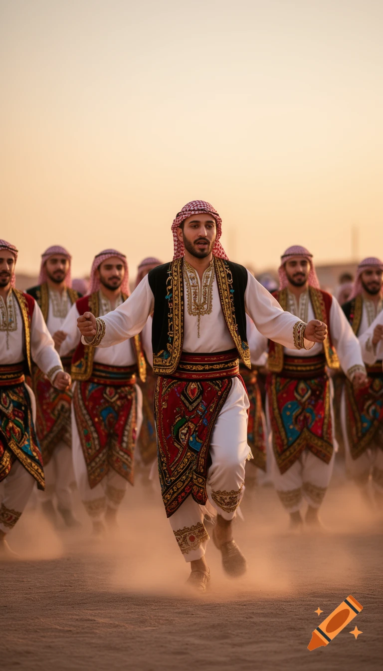 A line of men in traditional Jordanian folk costumes performing a dabke dance outdoors at golden hour, kicking up dust.