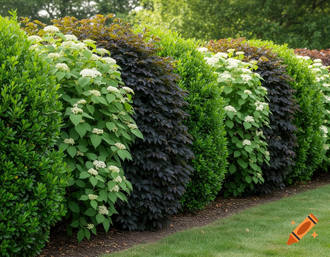 A vibrant mixed hedge with green, dark-leafed, and white-flowering bushes alongside a neatly trimmed green lawn.