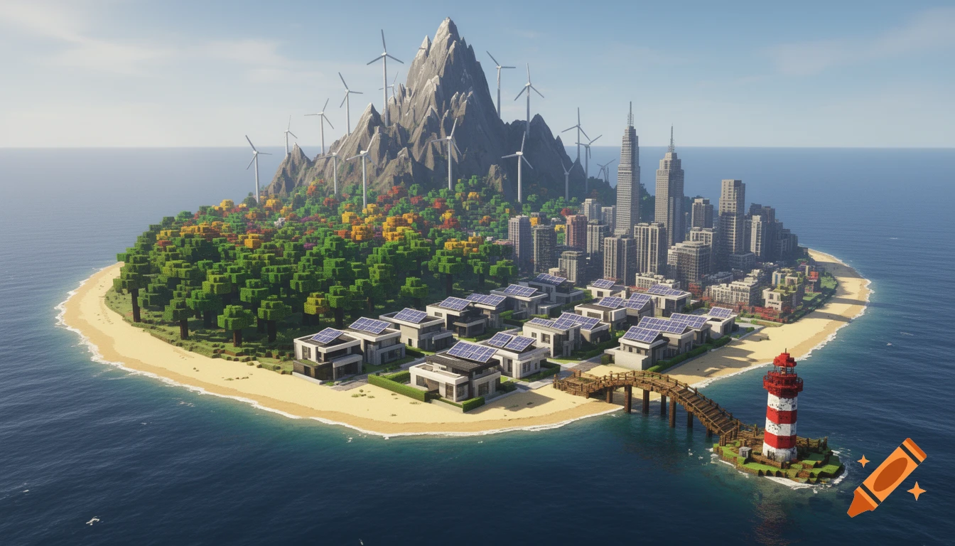 Aerial view of a large Minecraft island with mountains, wind turbines, forest, modern city, solar-paneled houses, and a lighthouse on a sandy beach.