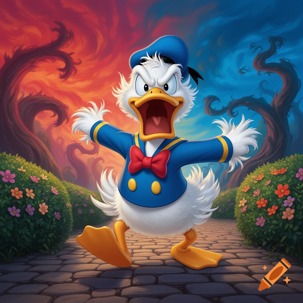 An angry Donald Duck, wearing his blue sailor suit and beret, rages with his mouth wide open and arms spread, in a whimsical garden with swirling red and blue skies.