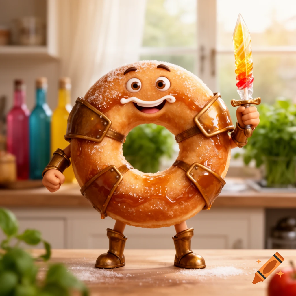 A smiling anthropomorphic donut warrior with golden armor and a colorful candy sword stands on a kitchen counter.