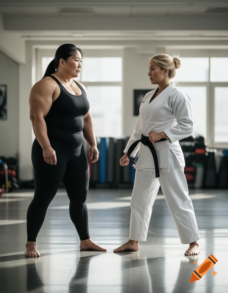 Two muscular women face each other in a brightly lit gym, one in a black tank top and leggings, the other in a white martial arts gi.