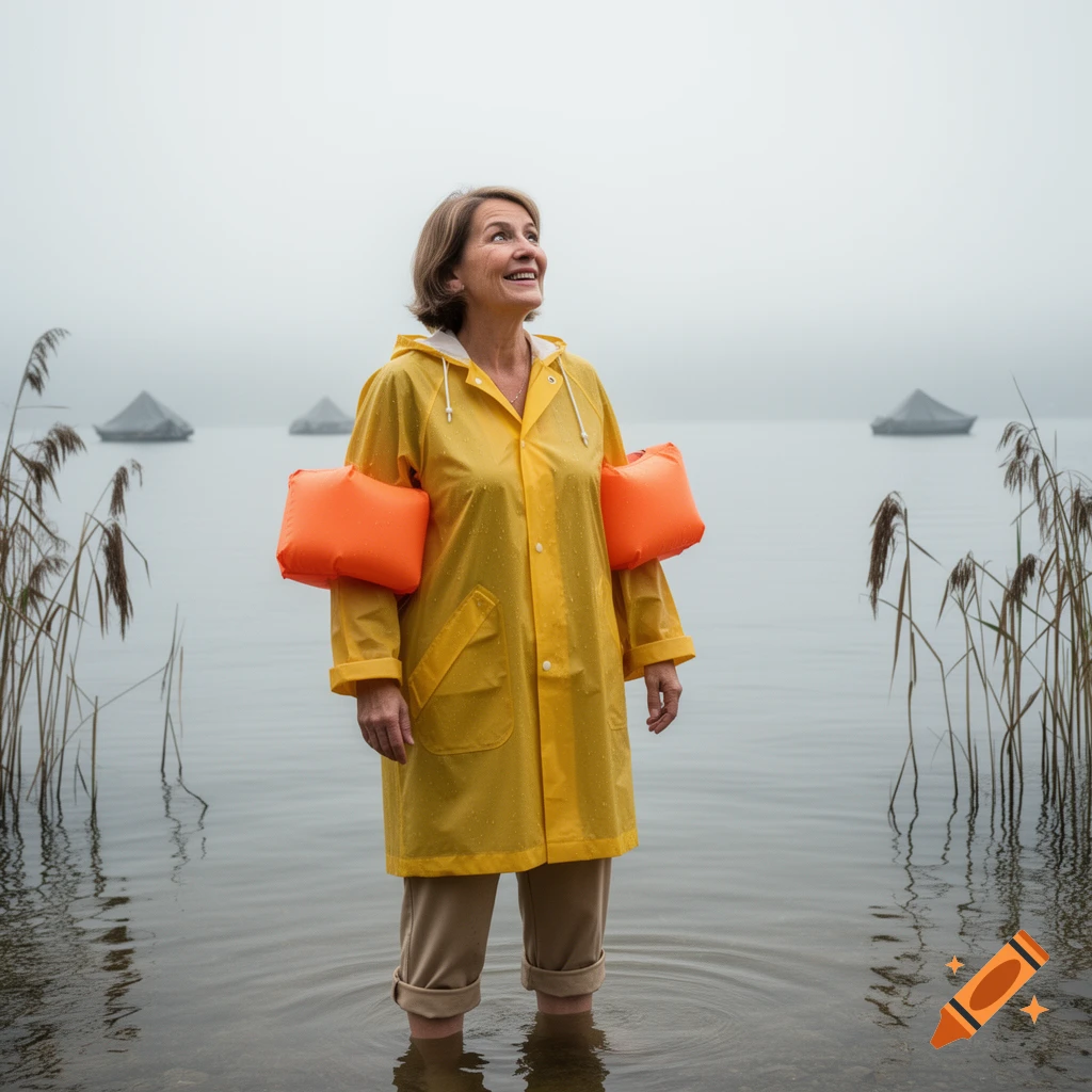 A woman in a yellow raincoat and orange armbands stands in a lake on a foggy day, looking up.