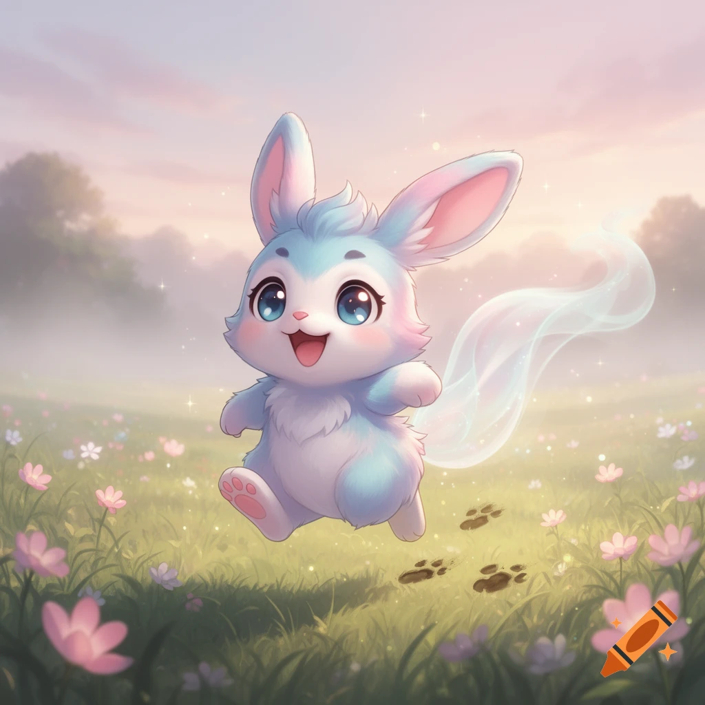 A cute, blue and pink fantasy rabbit-like creature with big eyes skips through a field of flowers under a pastel sky, anime style.