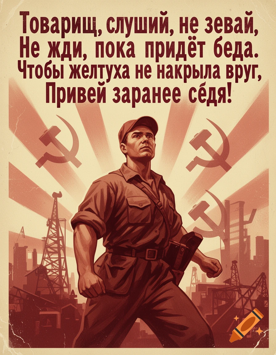 A Soviet-style propaganda poster with a worker in uniform, industrial background, hammer and sickle symbols, and Russian text.