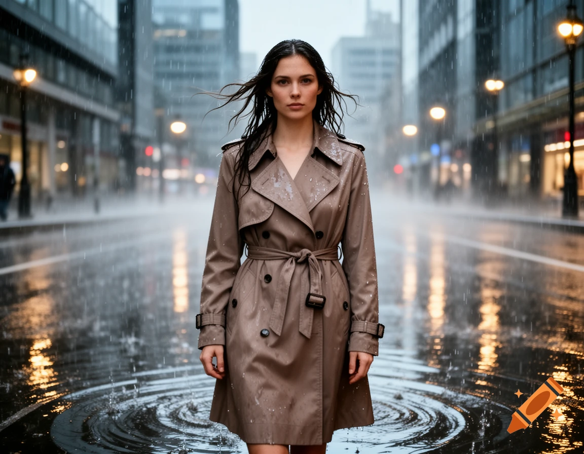 A photorealistic image of a woman in a trench coat standing in the rain on a city street.