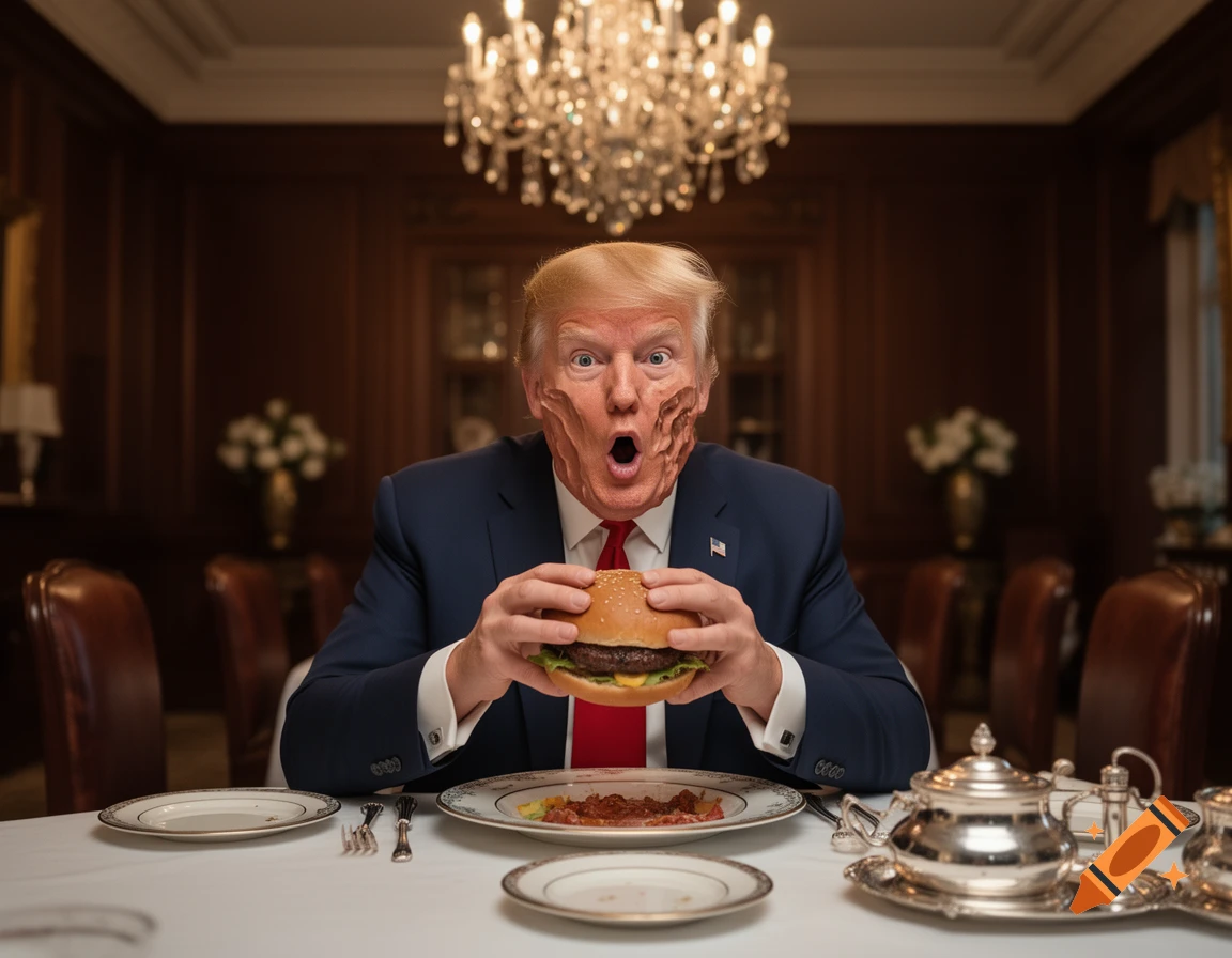 Photorealistic image of Donald Trump with a melting, distorted face, holding a hamburger at a formal dining table.