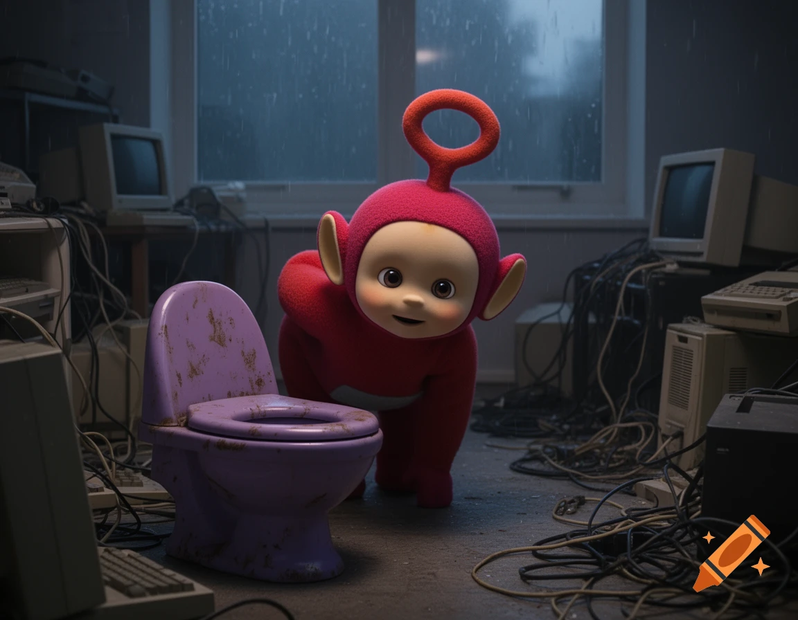 Po the red Teletubby crouches by a dirty purple toilet in a messy room with vintage computers, looking at the viewer. Rainy twilight.