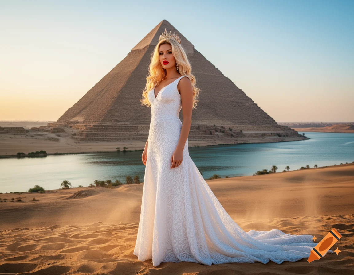 A blonde woman in a white wedding dress and crown poses in a desert with the Giza pyramids and Nile river at sunset, photorealistic.