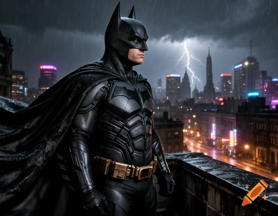Batman stands on a rainy rooftop, overlooking a city skyline illuminated by lightning at night.