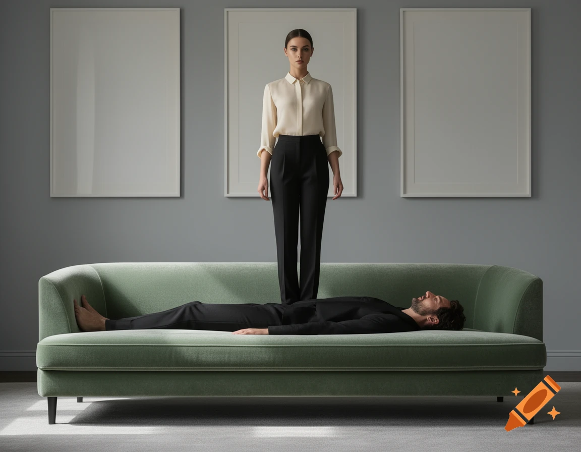A woman in a blouse and black pants stands on a man lying on a green couch in a minimalist gray room with empty white frames.