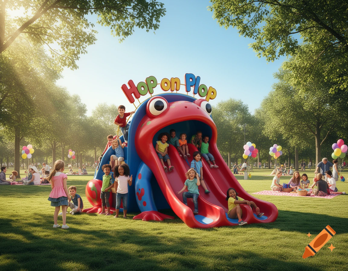 A group of diverse children playing on a large red and blue inflatable frog slide in a sunny park where families picnic.