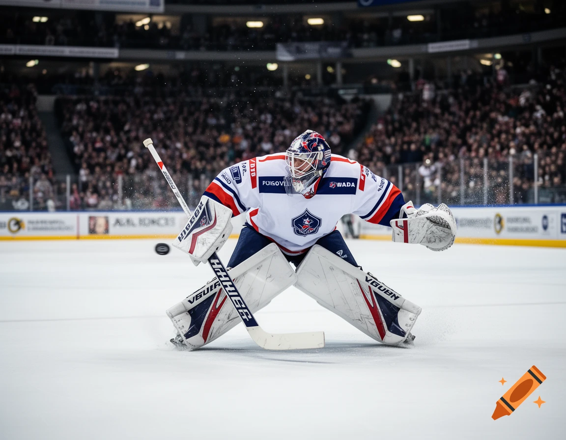 A dynamic shot of an ice hockey goalie in white, red, and blue gear, crouched on the ice during a game in a packed arena.