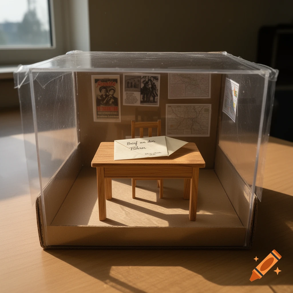 A miniature office diorama inside a clear plastic box, featuring a wooden table, a chair, an envelope with 'Brief an den Führer' written on it, and small posters on the wall.