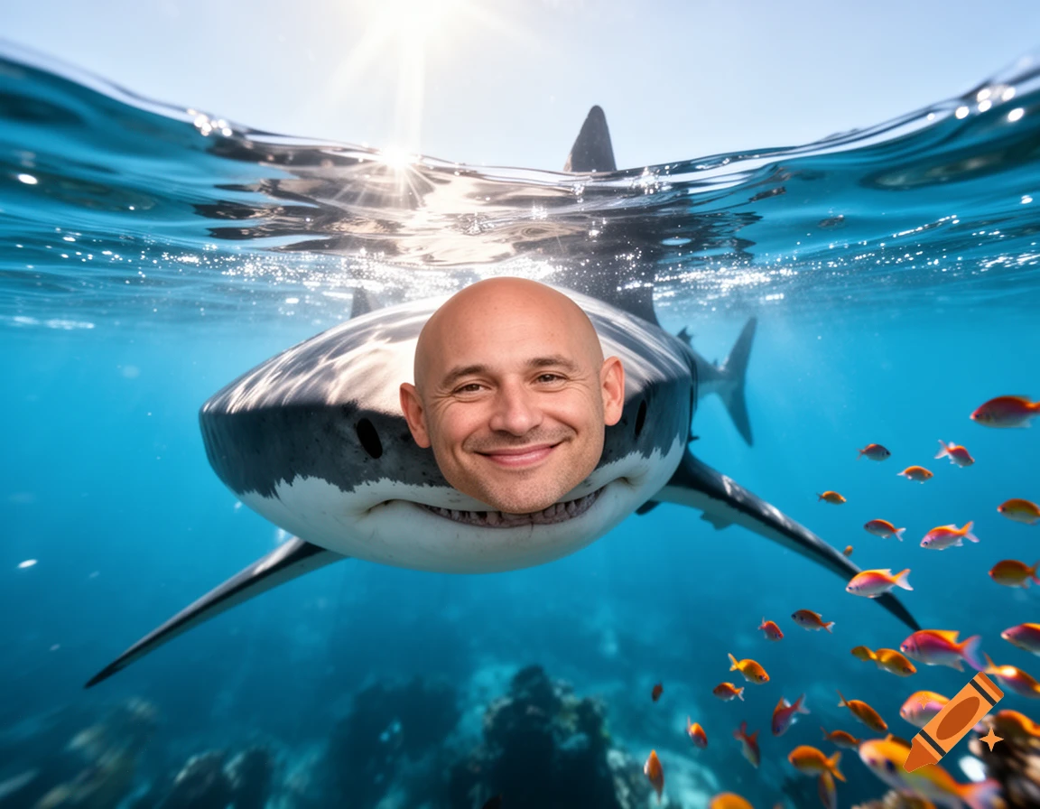 A photorealistic and humorous image of a great white shark with a bald man's smiling face, swimming in a clear blue ocean with small fish.