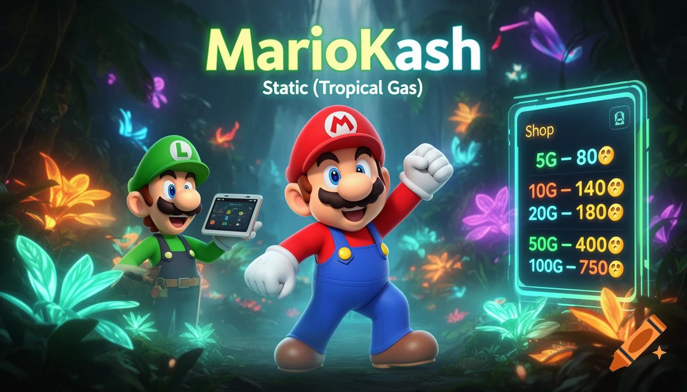 Mario and Luigi stand in a neon tropical jungle, with a holographic game shop UI showing prices next to Mario. Luigi holds a tablet.