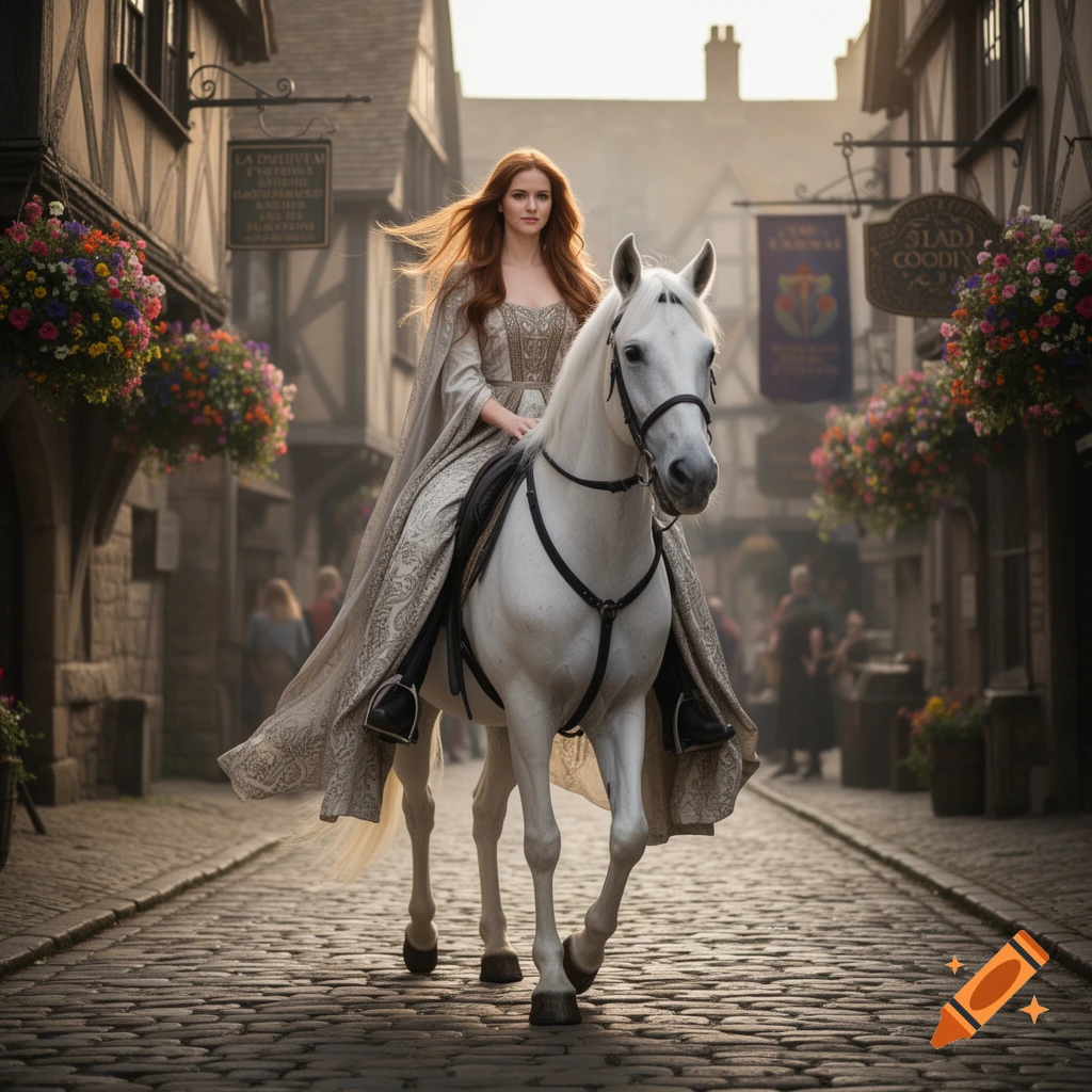 A red-haired woman in an ornate dress rides a white horse down a cobblestone medieval street lined with half-timbered buildings.